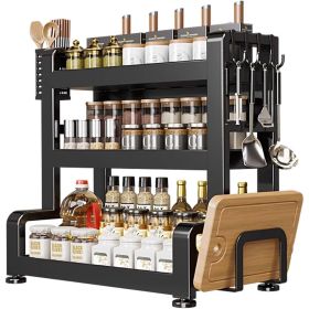 Kitchen Seasoning Rack, 3 Tier Tableware Holder for Countertops, Cutlery Organizer with Cutting Board & Lid Pot, Storage Shelf with Black Hooks