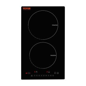VEVOR Electric Cooktop, 2 Burners, 12'' Induction Stove Top, Built-in Magnetic Cooktop 1800W, 9 Heating Level Multifunctional Burner