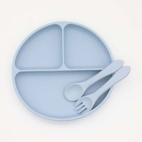 Baby Silicone Round Sucker Compartment Dinner Plate With Spoon Fork Sets (Size/Age: Average Size (0-8Y), Color: Blue)